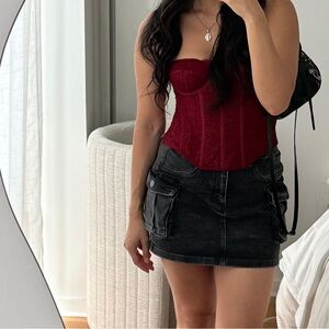 Red Corset Top, Black Denim Skirt